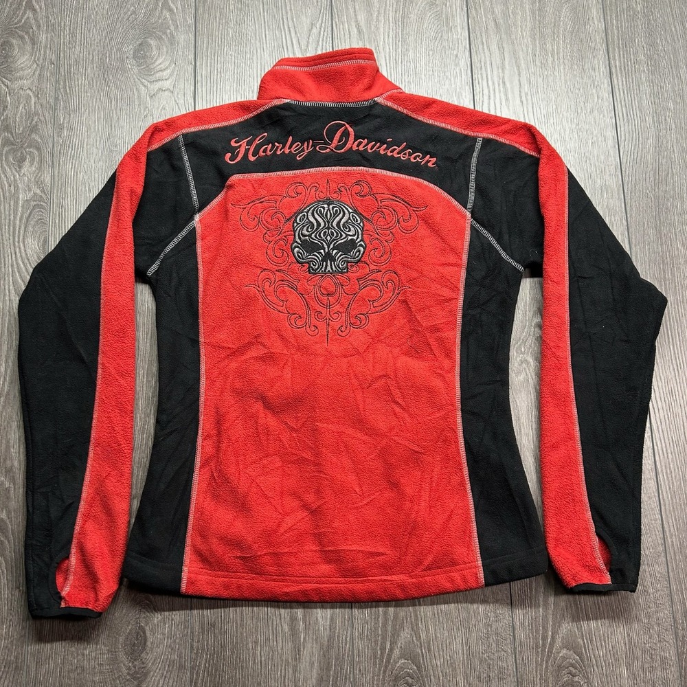 Harley Davidson Women Red Black Fleece Small Jacket Tribal Skull Y2K Full Zip
